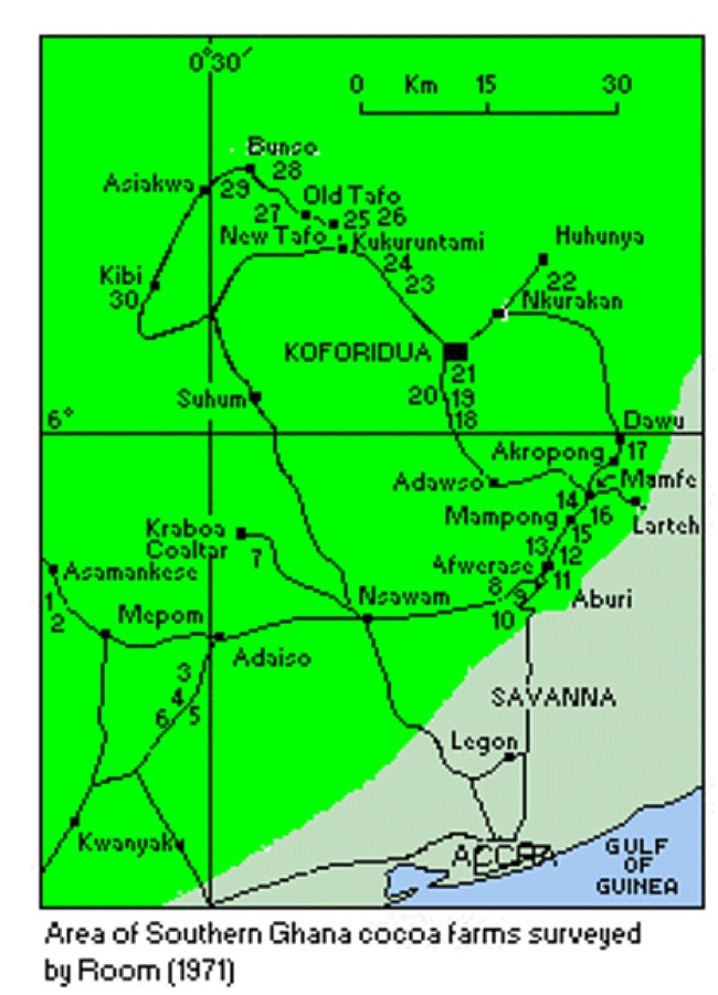 {Map of farms surveyed by P M Room}