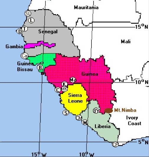 {map of ant collections in western West Africa}